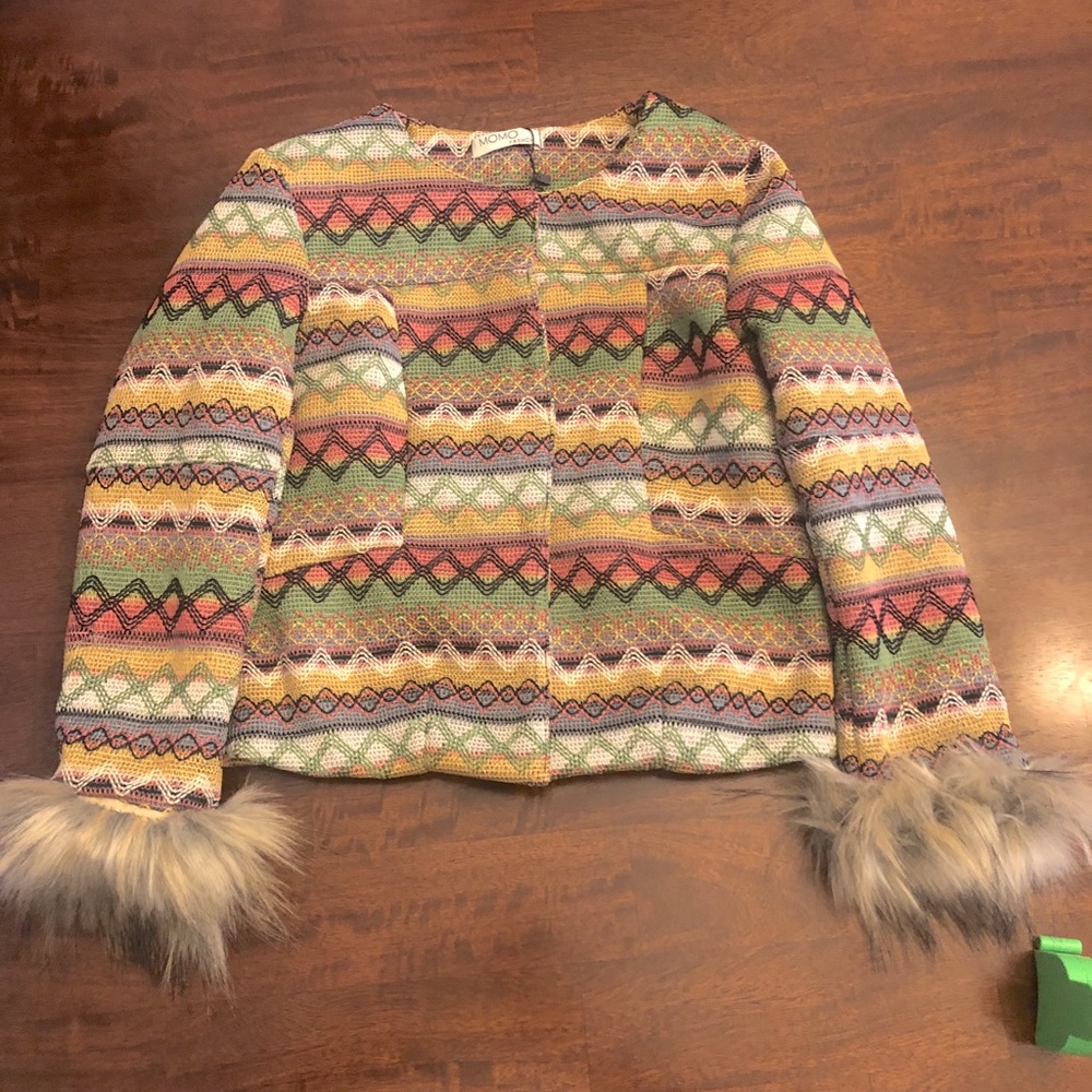 NWT Momo Colorful Blazer with Faux Fur Cuffs